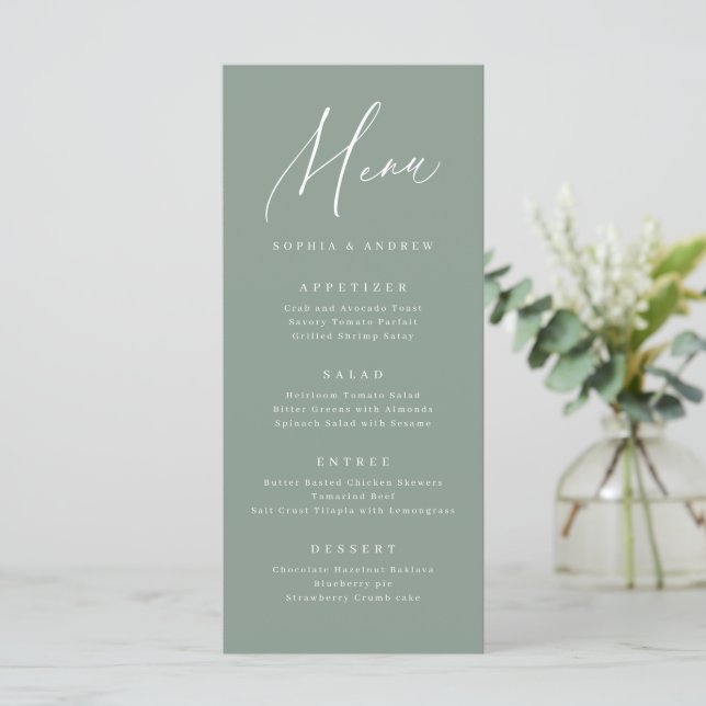 Menu Casamento minimalista do guião moderno Sage Green (Em pé/Frente)