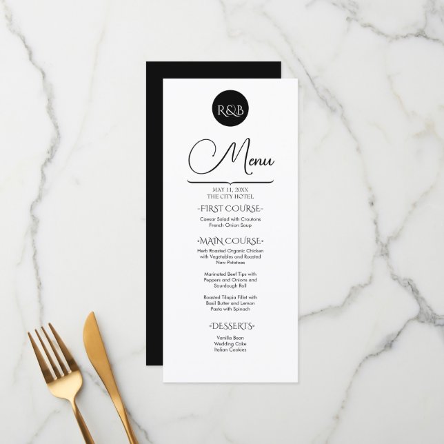 Menu Casamento Minimalista Elegante Preto e Branco (Frente/Verso In Situ)