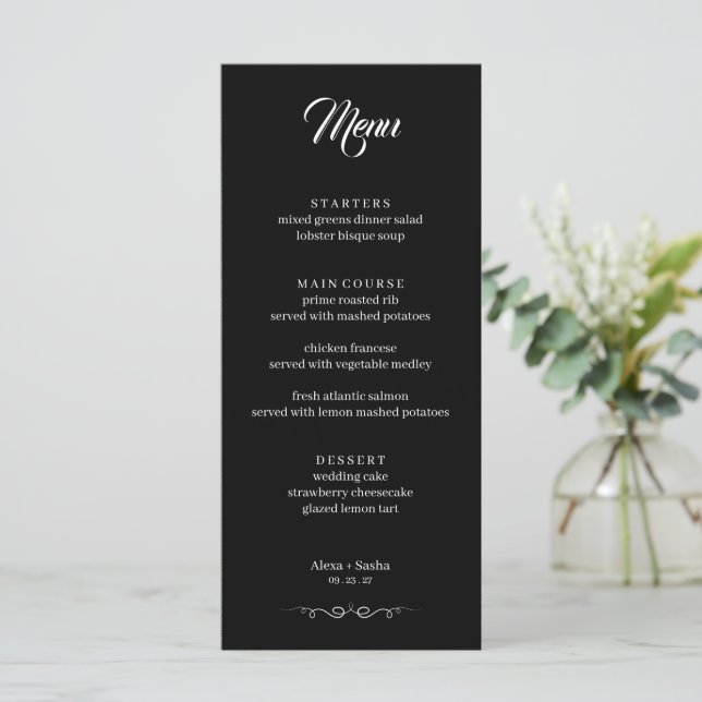 Menu Casamento Minimalista Elegante Preto e Branco (Em pé/Frente)