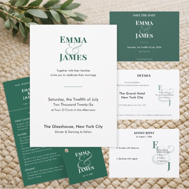 Menu Casamento Minimalista Emerald Reverse | QR Elegant (Reverse emerald horizontal menu with crisp minimalist typography for bold sophistication.)