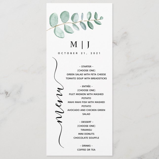 Menu Casamento Minimalista Eucalyptus Greenery (Frente)