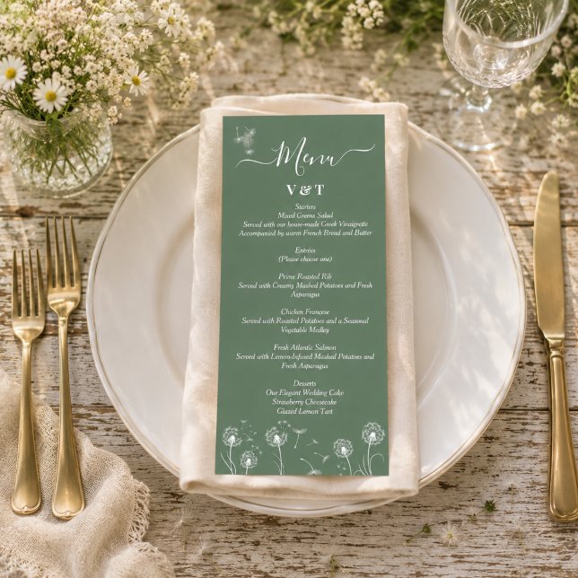 Menu Casamento Minimalista Flor Silvestre Verde (Criador carregado)