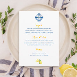 Menu Casamento Minimalista Mediterrâneo Azulejo Limão