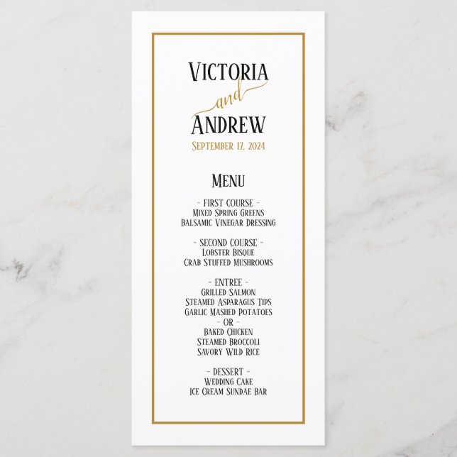 Menu Casamento Minimalista Moderno com Letra Dourada Pr (Frente)