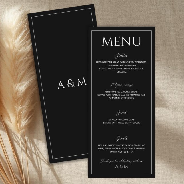 Menu Casamento minimalista moderno em preto e branco (Criador carregado)