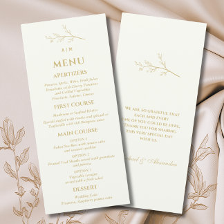 Menu Casamento Minimalista Monograma de Marfim Botânico