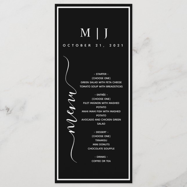 Menu Casamento Minimalista Negro e Branco (Frente)