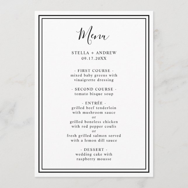 Menu Casamento Minimalista Negro e Branco (Frente)