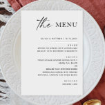 Menu Casamento Minimalista Negro e Branco | Elegante Fo<br><div class="desc">Coloque um tom de eterno na sua recepção com este elegante cartão de cardápio preto-e-branco, com um layout minimalista com guião chic e tipografia serif. Perfeito para casamentos modernos, formais ou negras, este design limpo apresenta seus cursos em um formato clássico e fácil de ler. Totalmente personalizável com seus nomes,...</div>