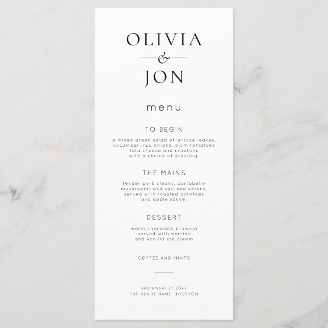 Menu Casamento Minimalista Preto e Branco (Frente)