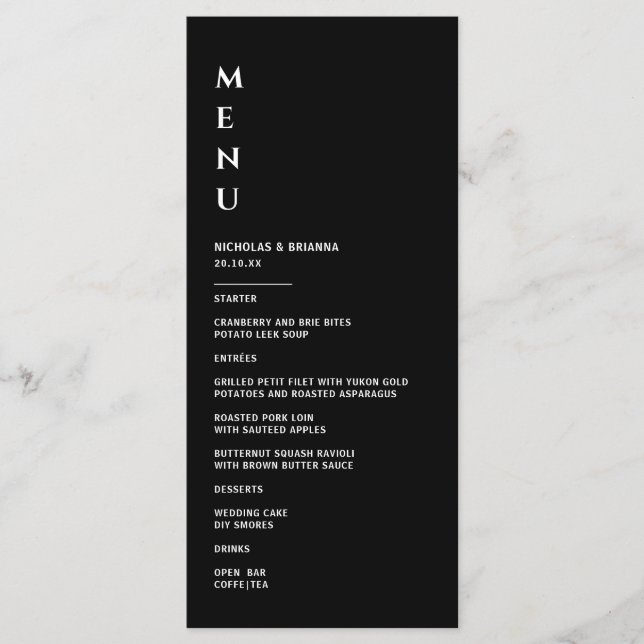 Menu Casamento Minimalista Preto e Branco (Frente)