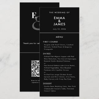 Menu Casamento Minimalista Preto Reverso | QR | Elegant