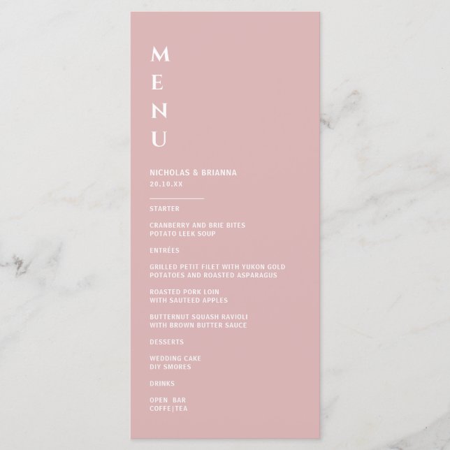 Menu Casamento Minimalista Rosa Empoeirado (Frente)