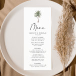 Menu Casamento Mínimo de Árvore Palm<br><div class="desc">Menu de casamento tropical com palmeira de solteiro no topo da design com "Menu" exibido em um moderno roteiro de caligrafia preta. Personalize o menu de casamento da palmeira com seus nomes, data de casamento e menu abaixo. O cardápio de casamento da praia se reverte para um fundo verde escuro...</div>