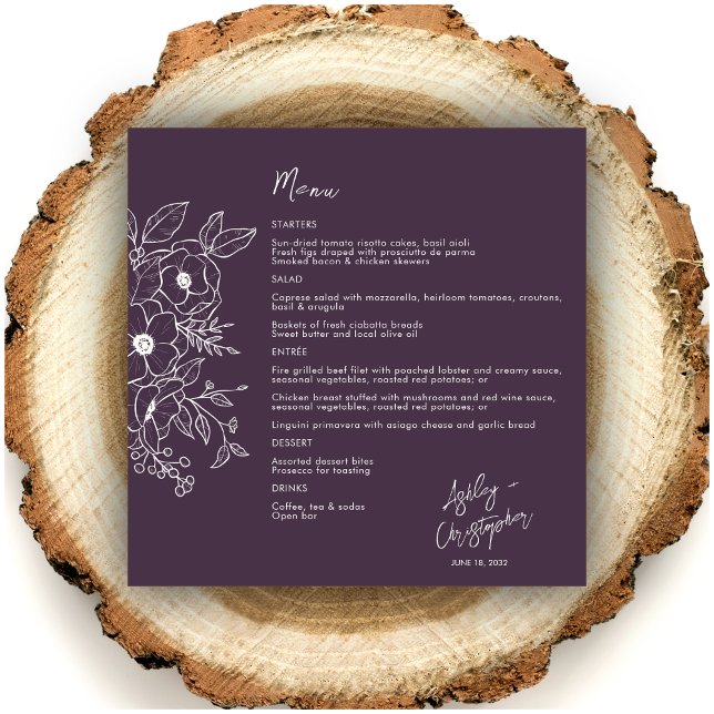 Menu Casamento Mínimo de Govela Botânica Roxo (Criador carregado)