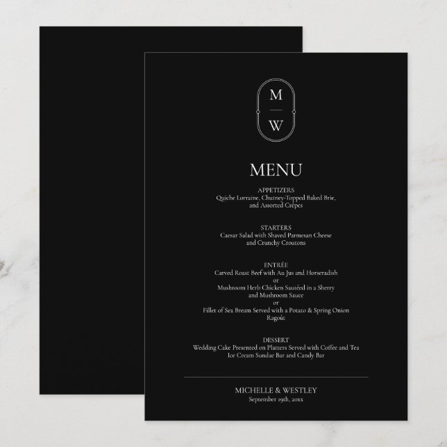 Menu Casamento Mínimo de Monograma Preto e Branco (Frente/Verso)