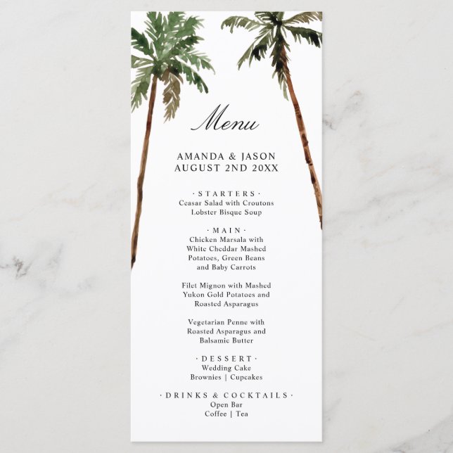 Menu Casamento Mínimo de Praia da Ilha Tropical Palm Tr (Frente)