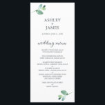 Menu Casamento Mínimo do Eucalyptus Foliage em Script C<br><div class="desc">Menu de casamento mínimo chic com um roteiro elegante de caligrafia fora de preto e um toque na moda de folhagem verde de eucalipto sobre fundo branco. Basta adicionar os detalhes do menu de casamento. Desenvolvido exclusivamente para você pelo Happy Dolphin Studio.</div>