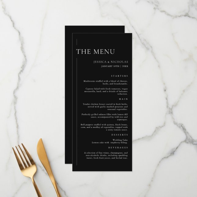 Menu Casamento Mínimo Elegante de Preto e Branco (Frente/Verso In Situ)