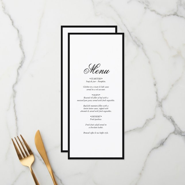 Menu Casamento Mínimo Elegante do Monograma Branco Negr (Frente/Verso In Situ)