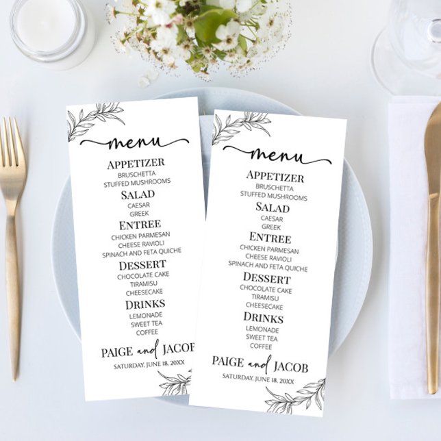 Menu Casamento Mínimo Minimalista de Folha Branca Negra (Criador carregado)