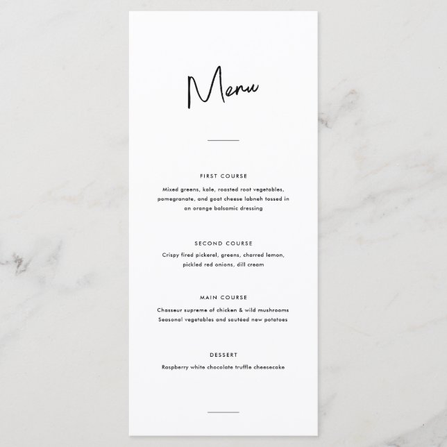 Menu Casamento Mínimo Moderno de Script Branco Preto (Frente)