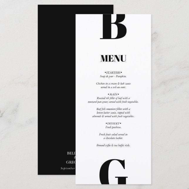 Menu Casamento Mínimo Moderno do Monograma Negro e Bran (Frente/Verso)