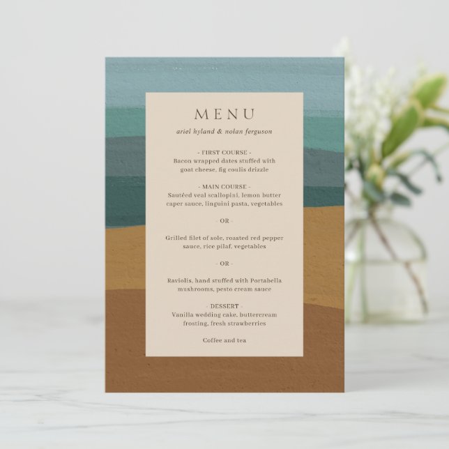 Menu Casamento Moderno Abstrato com Elegância Costeira (Em pé/Frente)