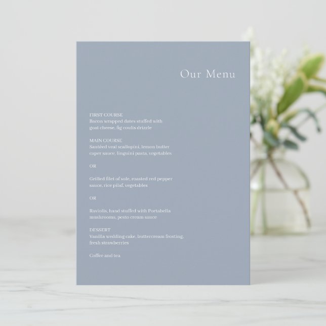 Menu Casamento Moderno Azul Empoeirado com Estilo (Em pé/Frente)