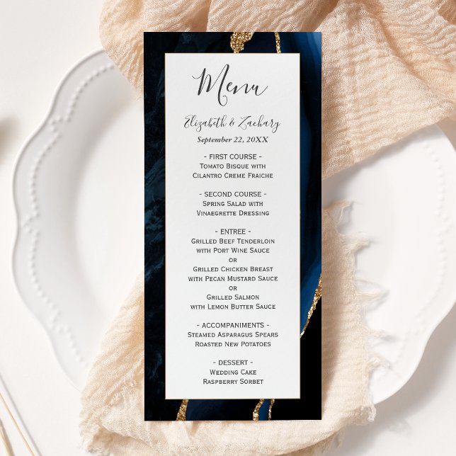 Menu Casamento Moderno Azul Naval Ágata Dourada (Criador carregado)