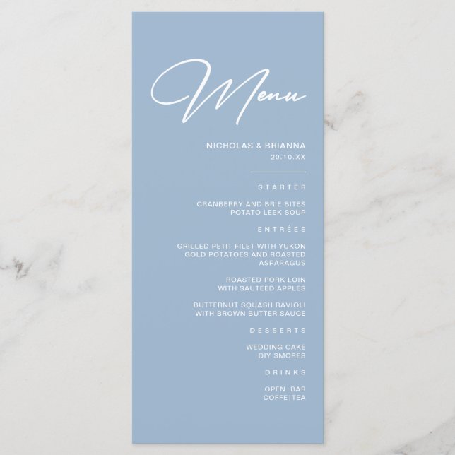 Menu Casamento Moderno Azul Poeirento  (Frente)