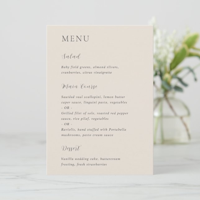 Menu Casamento Moderno Bege Elegante (Em pé/Frente)