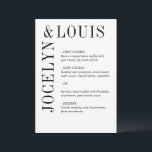 Menu Casamento Moderno Branco e Negro<br><div class="desc">Menu de casamento moderno com um design preto e branco minimalista com seus nomes em uma fonte grande ao lado esquerdo e superior. Esta design é simples o suficiente para um casamento formal,  mas faz uma declaração ousada.</div>