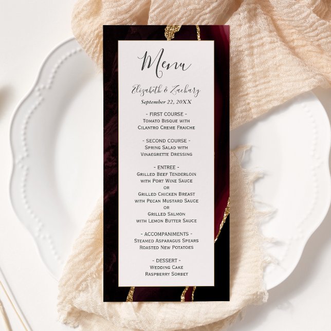 Menu Casamento Moderno Burgundy Dourado Ágata Blush (Criador carregado)