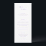 Menu Casamento Moderno Chic Lilac<br><div class="desc">Menu de casamento moderno com um design simples com "NOSSO menu" em uma combinação de um roteiro elegante com uma fonte moderna sans serif. As costas têm sua foto,  nomes e data de casamento.</div>