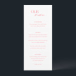 Menu Casamento Moderno Chic Pink<br><div class="desc">Menu de casamento moderno com um design simples com "NOSSO menu" em uma combinação de um roteiro elegante com uma fonte moderna sans serif. As costas têm sua foto,  nomes e data de casamento.</div>