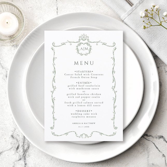 Menu Casamento Moderno Clássico Francês em Verde Salvia (Criador carregado)