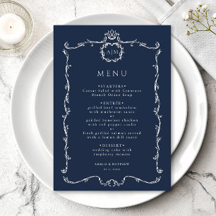 Menu Casamento Moderno Clássico Francês Quadro Azul-Mar