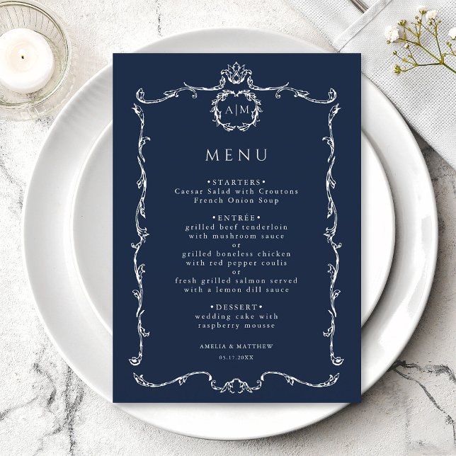 Menu Casamento Moderno Clássico Francês Quadro Azul-Mar (Criador carregado)