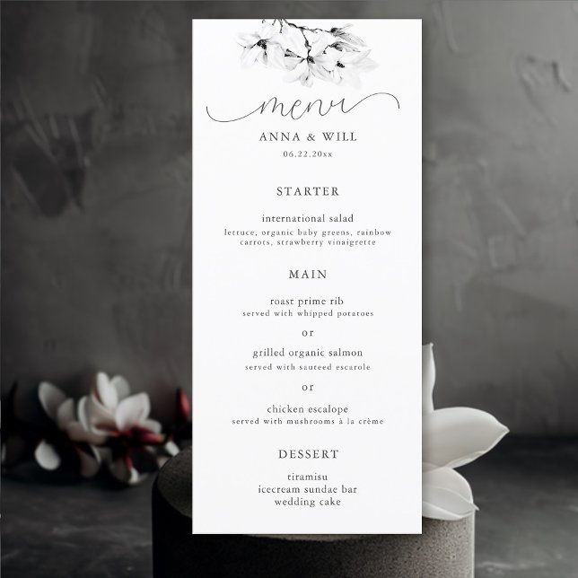 Menu Casamento Moderno Clássico Magnolia Black White (Magnolia Wedding Menu Elegant Floral Modern Classic Black and White Bohemian)
