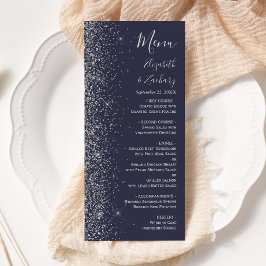 Menu Casamento Moderno com Borda de Brilho Prateado Azu