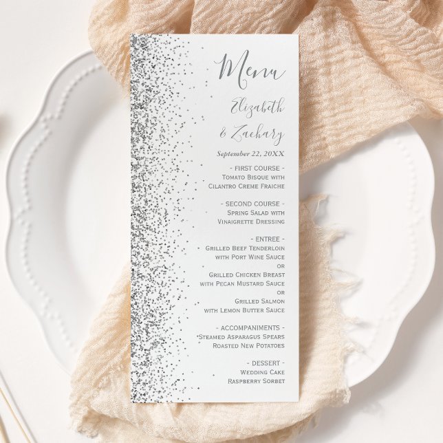 Menu Casamento Moderno com Borda de Brilho Prateado Bra (Criador carregado)