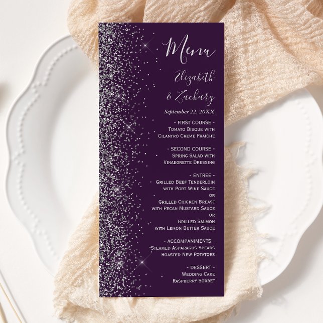 Menu Casamento Moderno com Brilho Prateado e Borda Roxa (Criador carregado)
