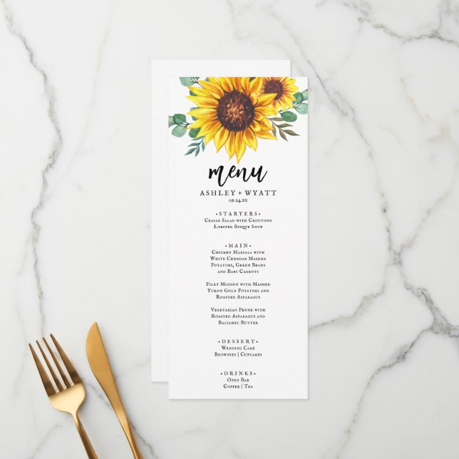 Menu Casamento Moderno com Girassóis Amarelos (Frente/Verso In Situ)