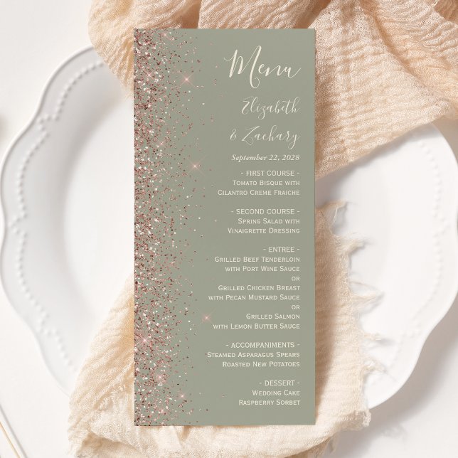 Menu Casamento Moderno com Glitter em Verde Sage e Dour (Criador carregado)