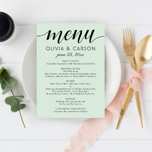 Menu Casamento Moderno com Letra em Preto e Verde Menta