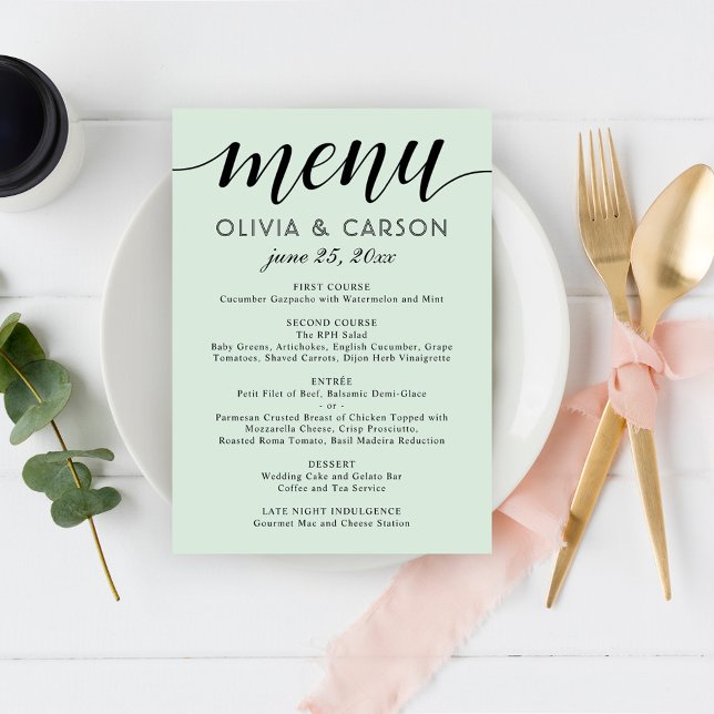 Menu Casamento Moderno com Letra em Preto e Verde Menta (Criador carregado)