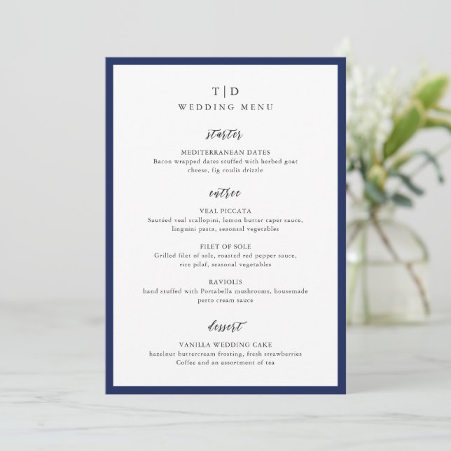 Menu Casamento Moderno com Monograma Azul Naval Elegant (Em pé/Frente)