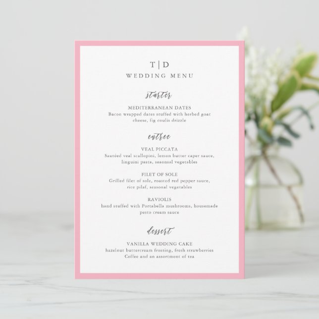 Menu Casamento Moderno com Monograma Rosa Elegante (Em pé/Frente)