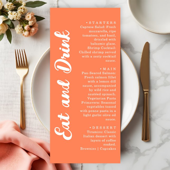 Menu Casamento Moderno Coral Laranja Comer e Beber (Criador carregado)